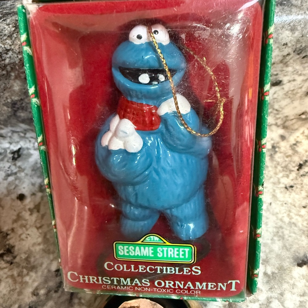 Vintage Sesame Street Blue Cookie Monster Ceramic Ornament with Red Scarf